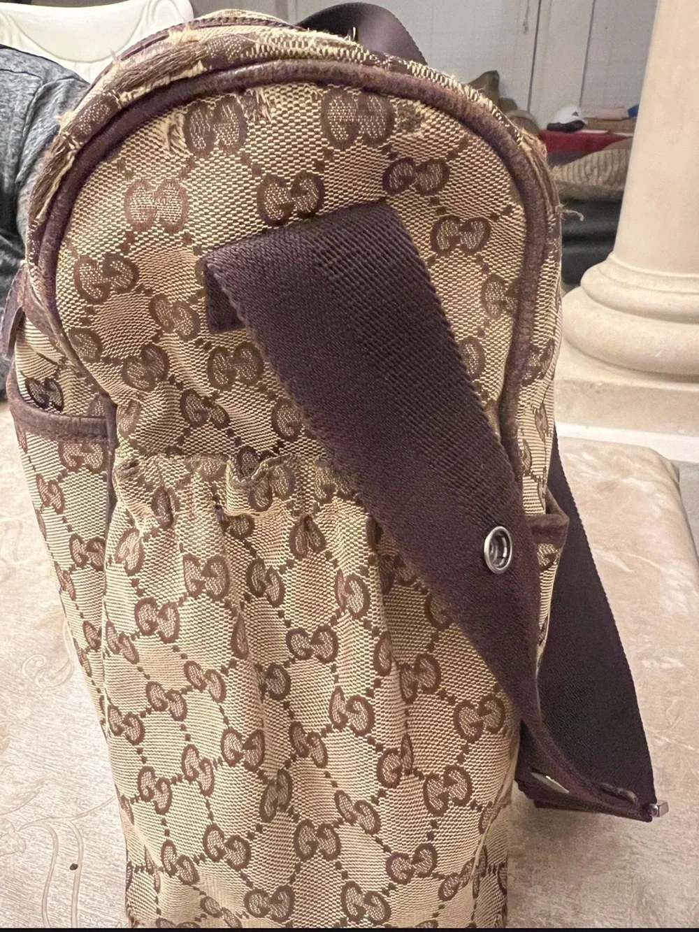 Gucci Beige and Brown Monogram Baby Messenger Bag with Adjustable Strap